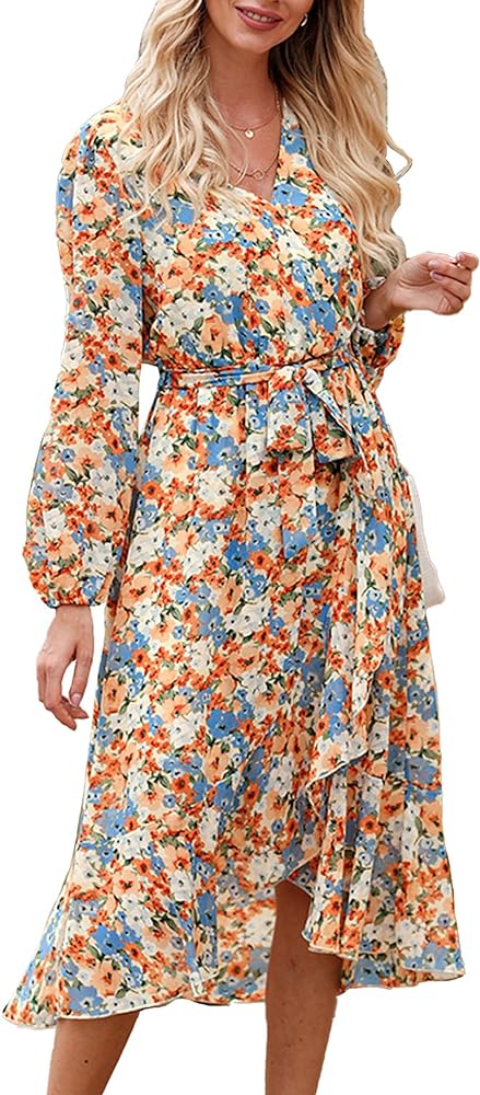 PRETTYGARDEN Women's Floral Print Boho Dress Long Sleeve Wrap V Neck Ruffle Belted A-Line Flowy Maxi Dresses