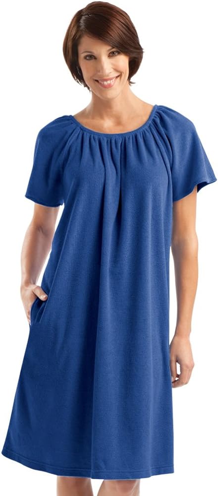 Collections Etc Solid Color Comfort Fit Short-Sleeve Terry Cotton Summer Dress with Side Pockets and Elastic Scooped Neckline