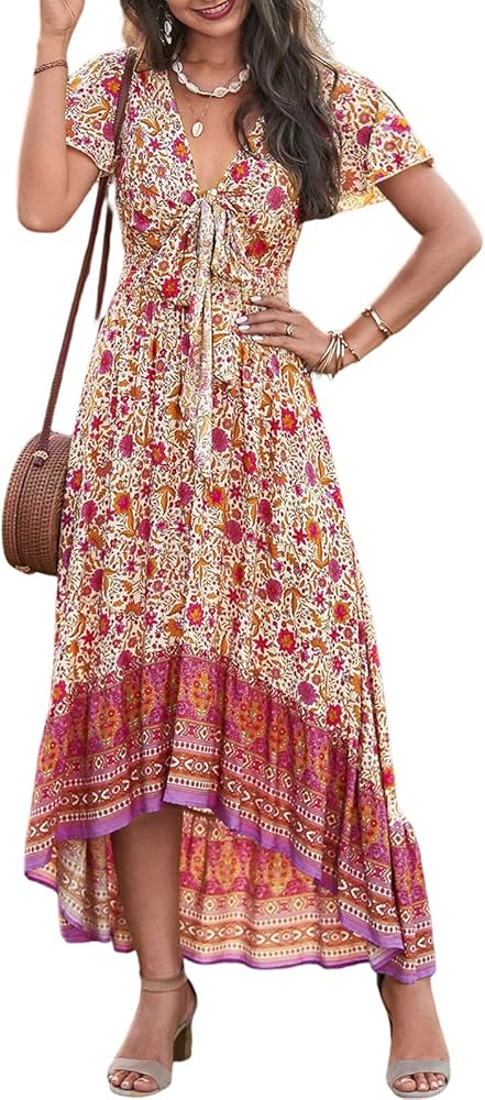 PRETTYGARDEN Women's Bohemian Floral Printed Deep V Neck Summer Dresses Tie Short Sleeve High Low Beach Party Maxi Dress (Apricot Rose Red Flower,Large)