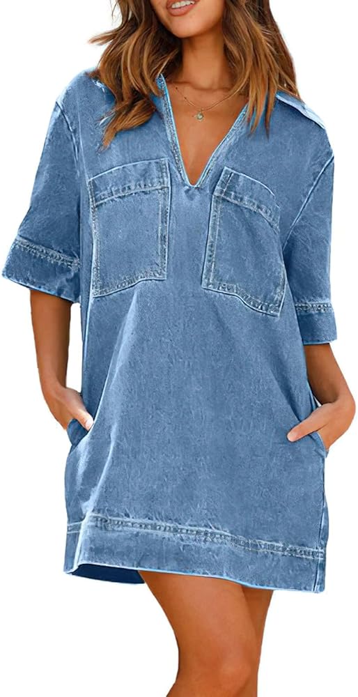 chouyatou Women's Summer Loose Fit V-Neck Sexy Mini Denim Dress Cute Jean Tunic Dress with Pockets