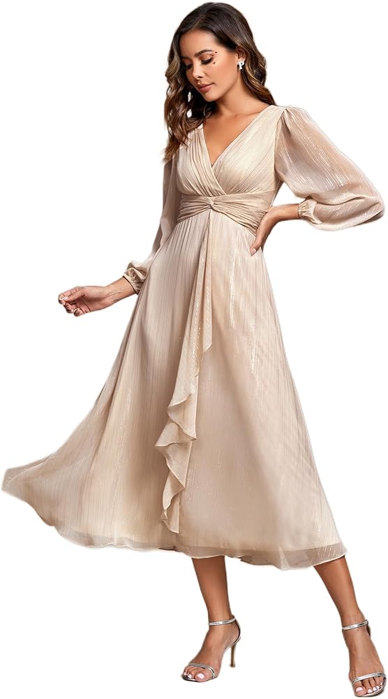 Ever-Pretty Women's Elegant A Line Ruched V Neck Long Sleeves Tea-Length Wedding Guest Dresses 01977