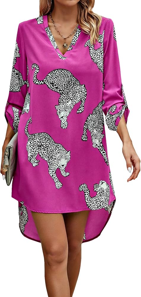 WDIRARA Women's Leopard Print V Neck Roll Up Sleeve Asymmetrical Hem Dress