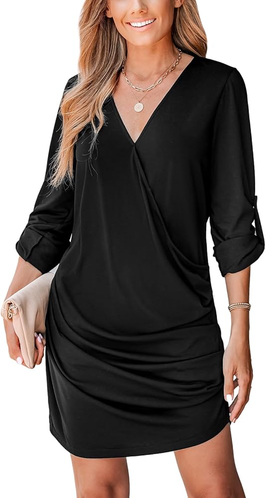 CUPSHE Women's Mini Dress V Neck Ruched Roll 3/4 Sleeve A Line Loose Fit Dress Black