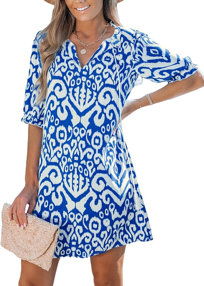 CUPSHE Women's Ruffle Beach Dress Split V Neck with Tassel Tie Elastic Half Sleeve Mini Summer Dresses