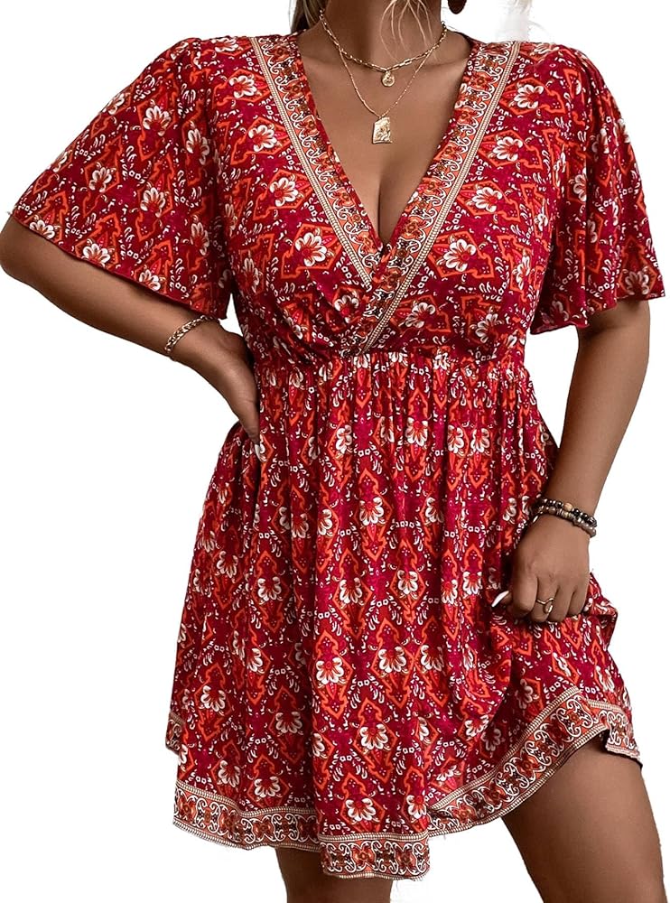 Floerns Women's Plus Size Short Sleeve Wrap V Neck A Line Floral Dress