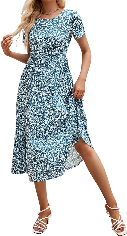 Sureple Spring Round Neck T Shirt Dress for Women Short Sleeve Midi Length,Swing Tiered Bobydoll Dresses with Pockets