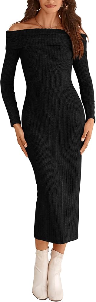 PRETTYGARDEN Women's Fall Dresses 2024 Sexy Off Shoulder Long Sleeve Bodycon Ribbed Knit Club Wedding Pencil Midi Dress