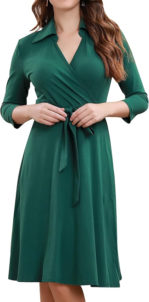 Aphratti Women's 3/4 Sleeve Spring Dress Wide Collar V Neck Faux Wrap Jersey Aline Casual Work Dresses