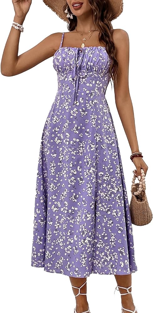 BROVAVE Women's 2024 Summer Dress Floral Print Spaghetti Strap Square Neck Tie Front Smocked Midi Dress Beach Sun Dress