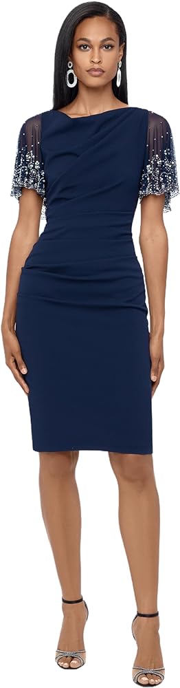 Betsy & Adam Women's Petite Short Scuba Crepe Dress with Beaded Sleeve