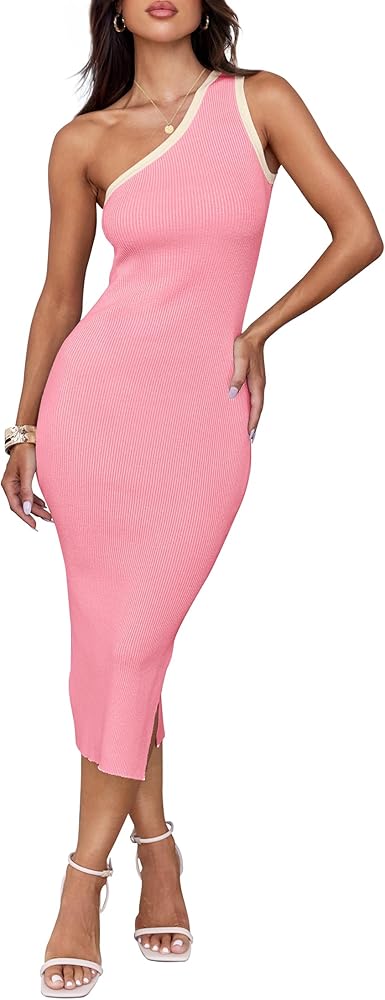 ZESICA Women's Summer One Shoulder Bodycon Midi Dresses 2024 Casual Sleeveless Ribbed Knit Side Slit Sweater Dress