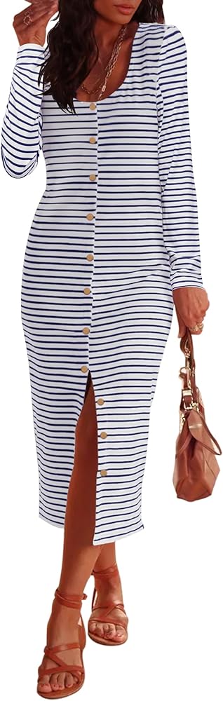 MEROKEETY Women's Fall Long Sleeve Striped T Shirt Midi Dress Casual Scoop Neck Boho Bodycon Dresses