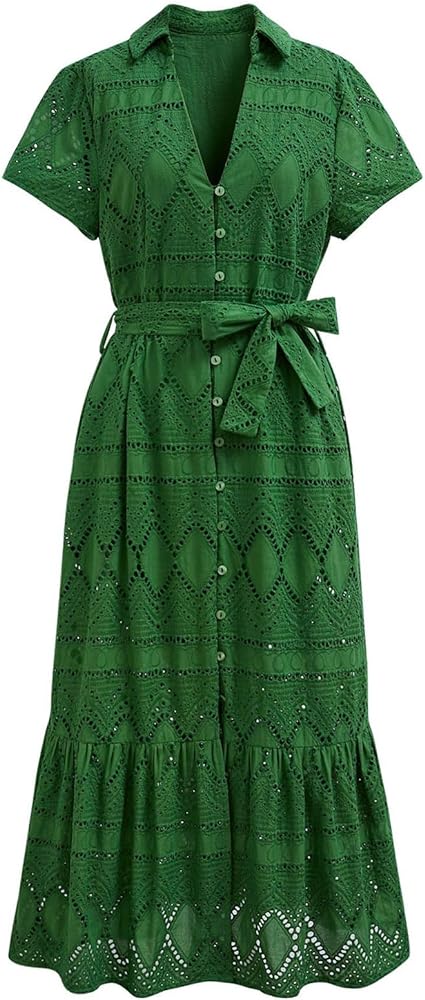 CHICWISH Women Embroidered Eyelet Frilling Midi Dress Cotton V Neck Button Short Sleeve Flowy Summer Green Dress with Belt