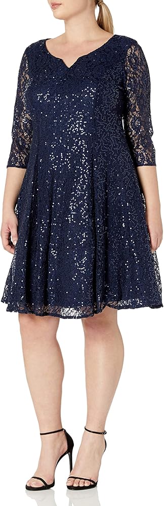 S.L. Fashions Women's Plus Size Sequin Lace Fit and Flare Dress