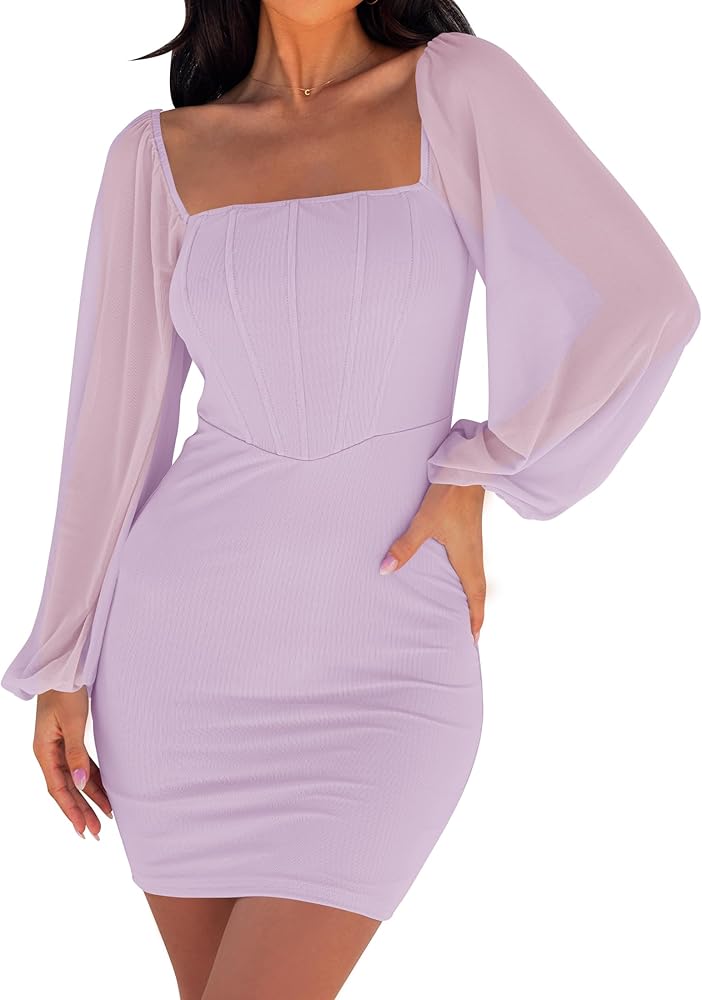 ZESICA Women's 2024 Summer Puff Long Sleeve Square Neck Ruched Bodycon Cocktail Party Club Short Mini Dress