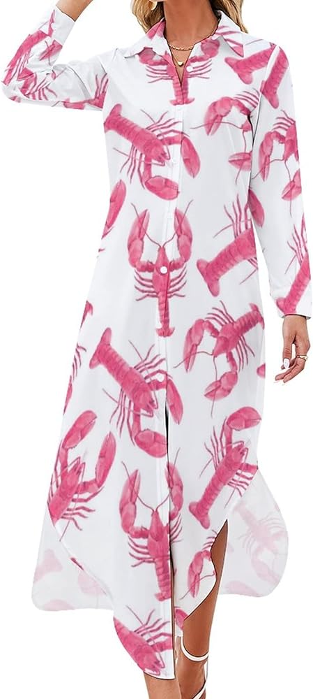 Pink Lobster Women's Shirt Dress Long Sleeve Button Down Long Maxi Dress Casual Blouse Dresses