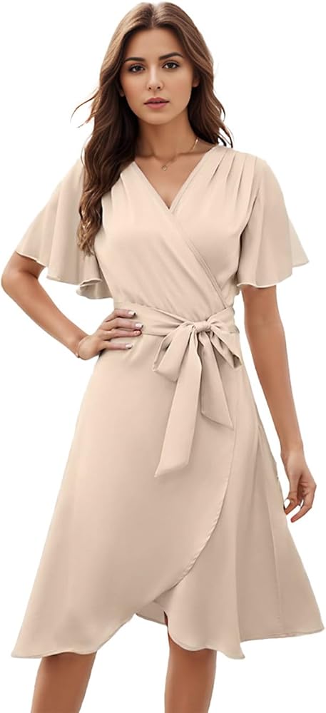 Womens Summer Satin Wrap Casual Dress V Neck Flared Sleeve Tie Front Waist Elegant Dress