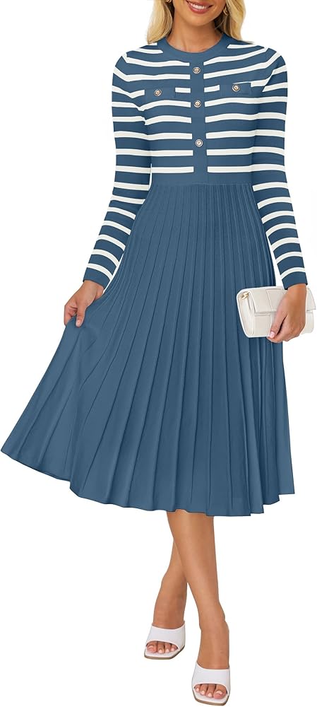 ZESICA Womens Long Sleeve Striped Midi Dresses Crewneck Button Ribbed Knit Pleated A Line Swing Sweater Dress