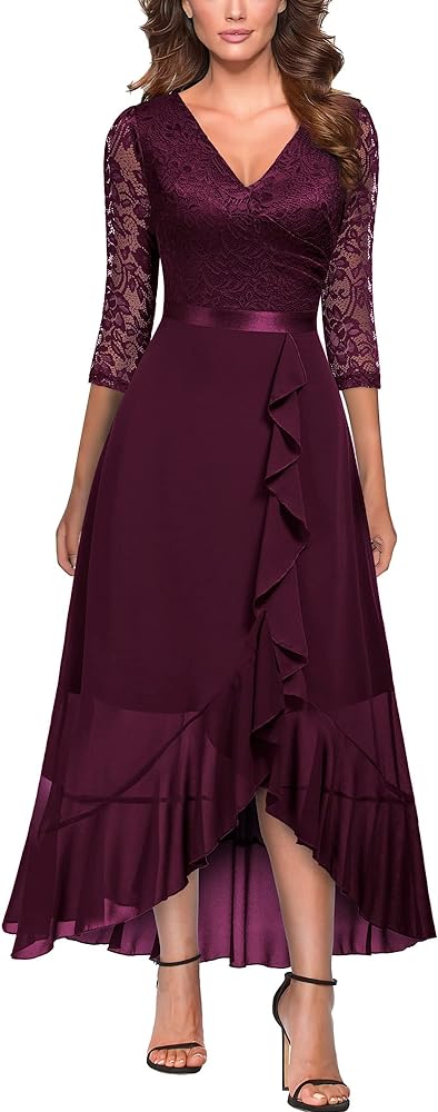 Miusol Women's V-Neck Floral Lace Classy Ruffle Design Wedding Party Maxi Dress