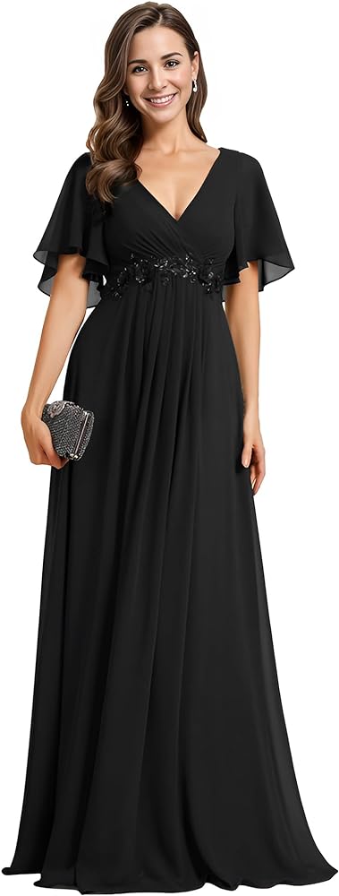 Ever-Pretty Women's Mother's Dress Chiffon V Neck A Line Appliques Waist Formal Dresses 01960