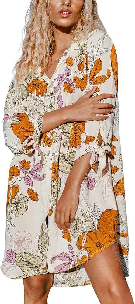 CUPSHE Women Floral Shirt Beach Cover Up Dress 3/4 Sleeve Cuff Tie Button Down Mini Summer Dresses Cover Ups Vacation