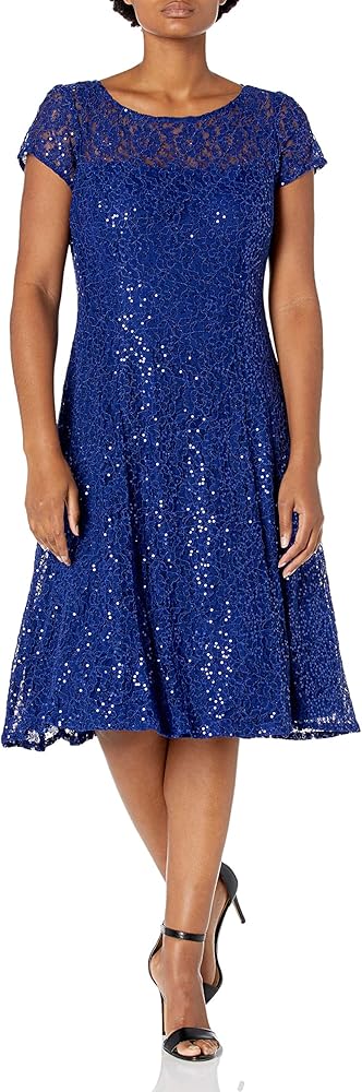 S.L. Fashions Women's Tea Length Cap Sleeve Sequin Lace A-Line Dress