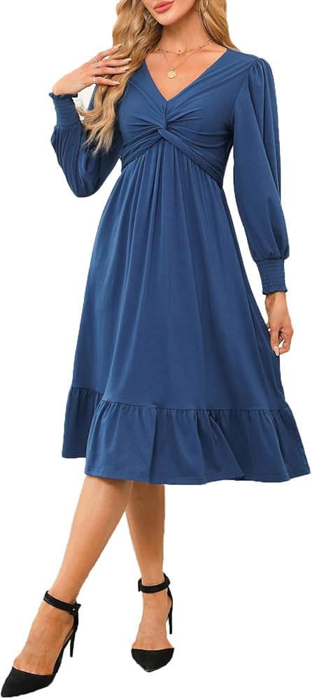 Dokotoo Womens 2024 Wrap V-Neck Twist Knot Long Sleeve Empire Waist Midi Dress A-Line Ruched Flowy Dress with Pockets