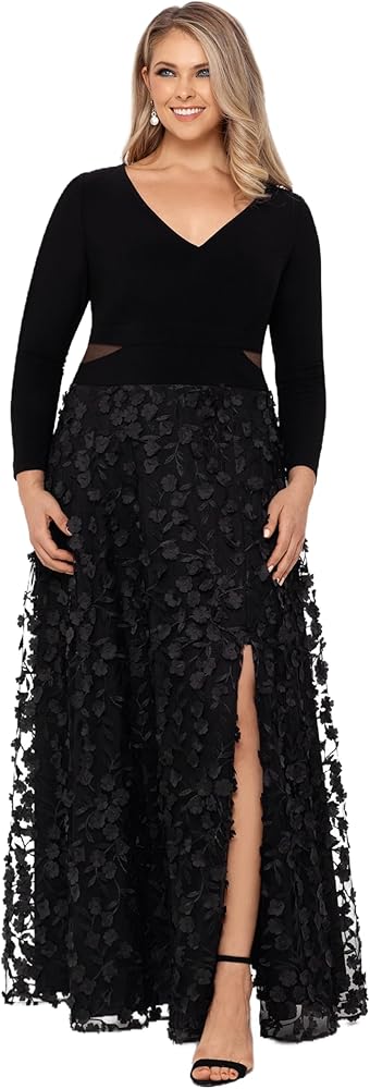 Xscape Women's Plus Size Long Sleeve V-Neck Floral Skirted Dress