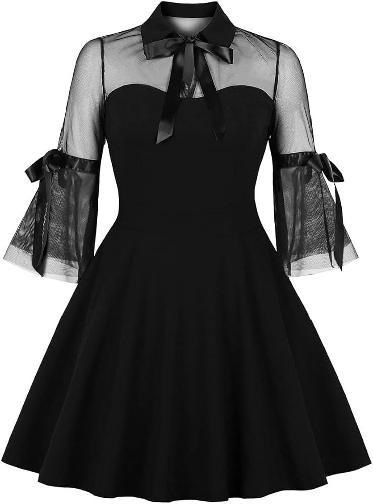 Gothic Dress for Women Vintage Sheer Mesh 3/4 Flared Sleeve A-line Cocktail Evening Party Prom Homecoming Dress