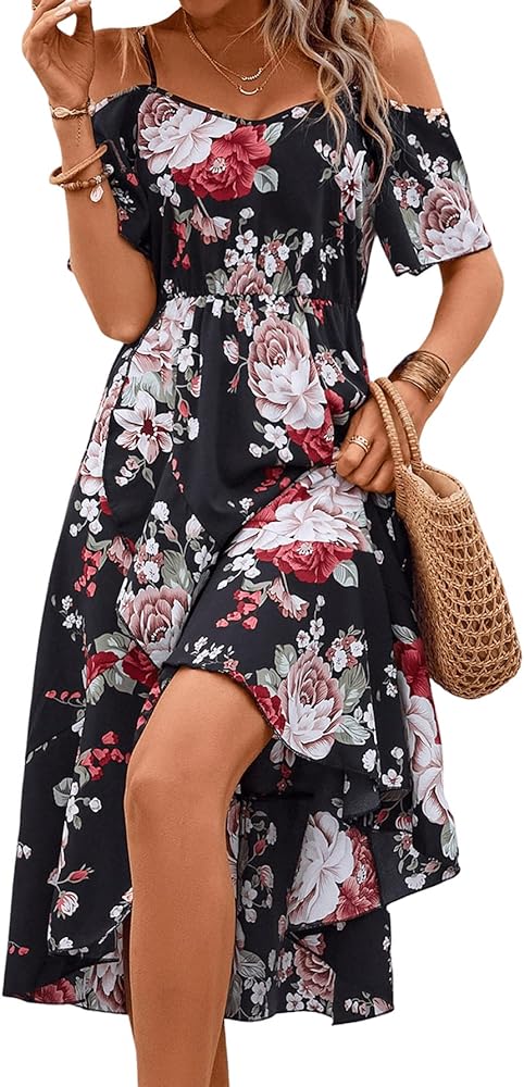 Floerns Women's Floral Print Cold Shoulder Short Sleeve Wrap Hem A Line Midi Dress