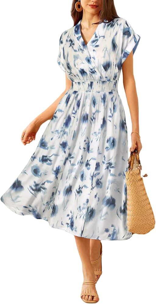 GRACE KARIN Summer Dress for Women 2024 Floral Beach Wedding Guest V Neck Smocked Short Sleeve Flowy Midi Dress with Pockets