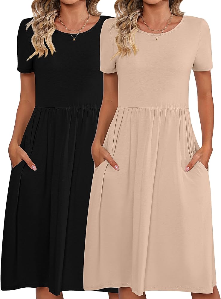 2 Pack Women Short Sleeve Dresses, Loose Fit Casual T Shirt Dress, Ladies Knee Length Swing Dress with Pockets