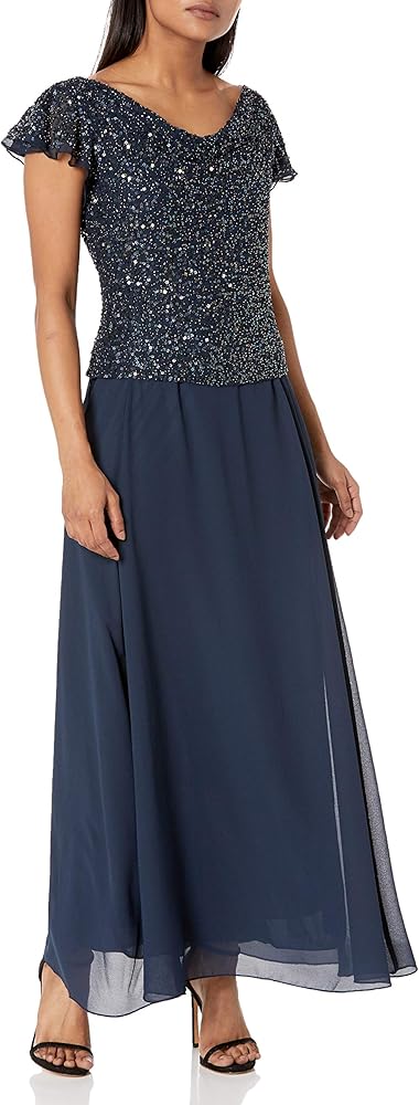 J Kara Women's Beaded Cowl Neck Flutter Sleeve Long Dress