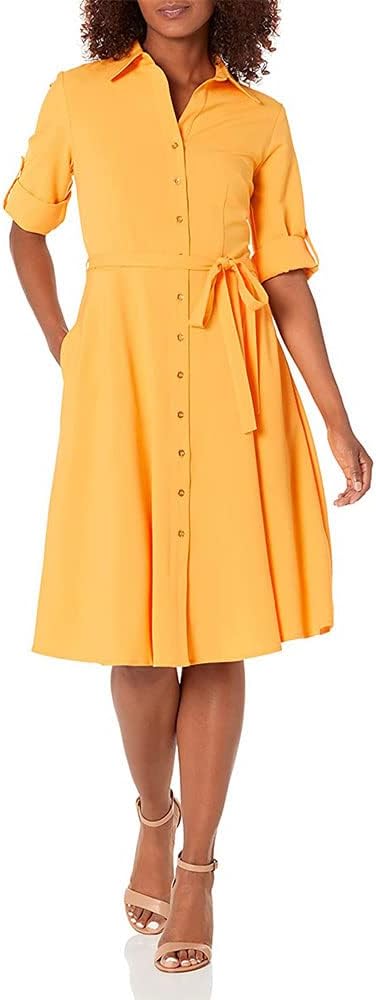 Sharagano womens Button Front Belted Shirt With Roll Up Sleeves Casual Dress, Golden Rod, 8 US