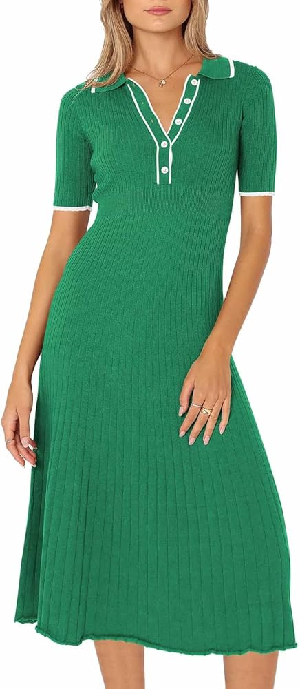 Pink Queen Women's Polo V Neck Short Sleeve Elegant High Waisted Bodycon Ribbed Swing Knit Midi Dresses