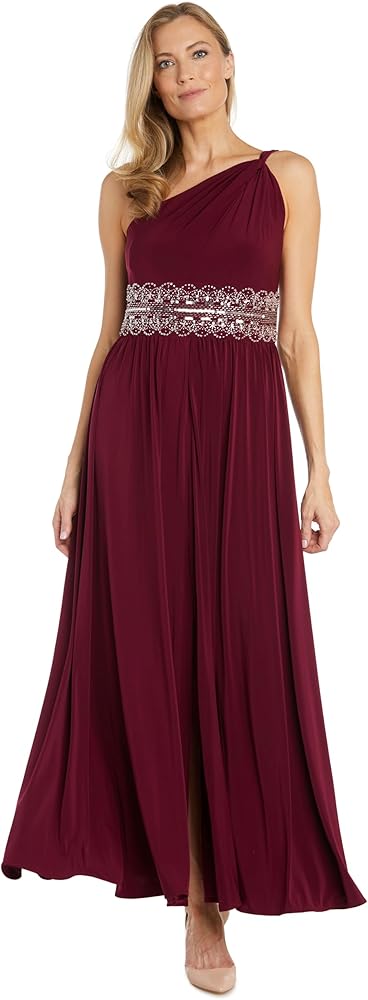 R&M Richards Long One Shoulder Dress W/Twisted Detail and Beaded Waist