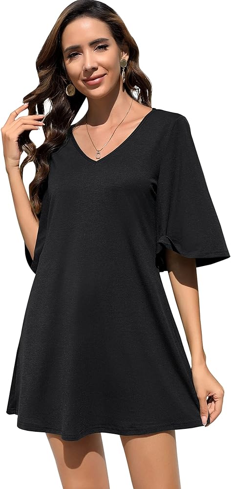 KOJOOIN Women's 3/4 Sleeve V Neck Midi Dress Casual Flowy Tunic Dresses with Pockets Black M