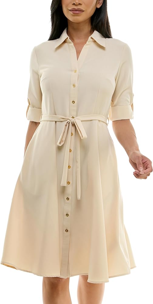 Sharagano Women's Button Front Pleated Shirt Casual Dress, Spring Sand, 8