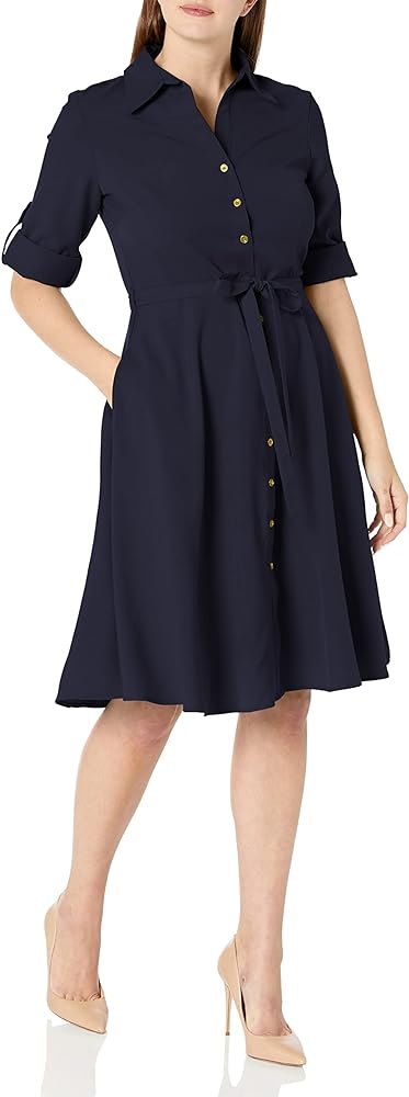 Sharagano Women's Button Front Pleated Shirt Casual Dress, Deep Navy, 8