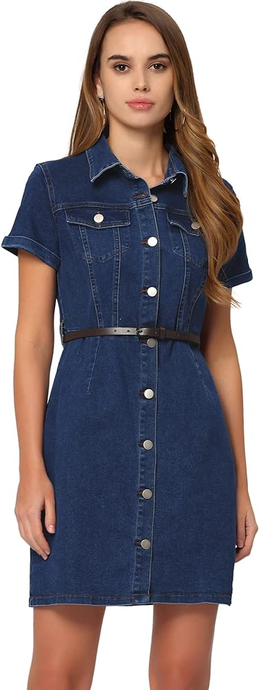 Allegra K Women's Denim Shirt Dress Collar Short Sleeve Belted Button Up Jean Dresses