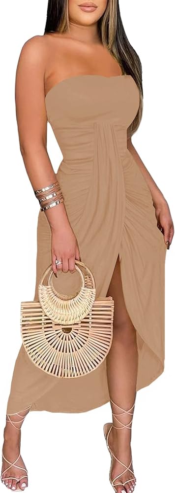 Umenlele Women's Strapless Ruched High Waist Wrap split Asymmetrical Beach Maxi Long Dress