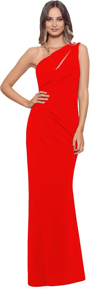 Betsy & Adam Women's Long Sleeveless One Shoulder Side Ruched Scuba Crepe Gown