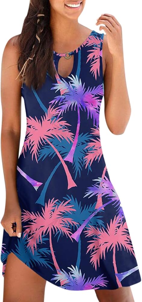 Women Casual Summer Printed Tank Sleeveless Dress Hollow Out Loose Beach Dress