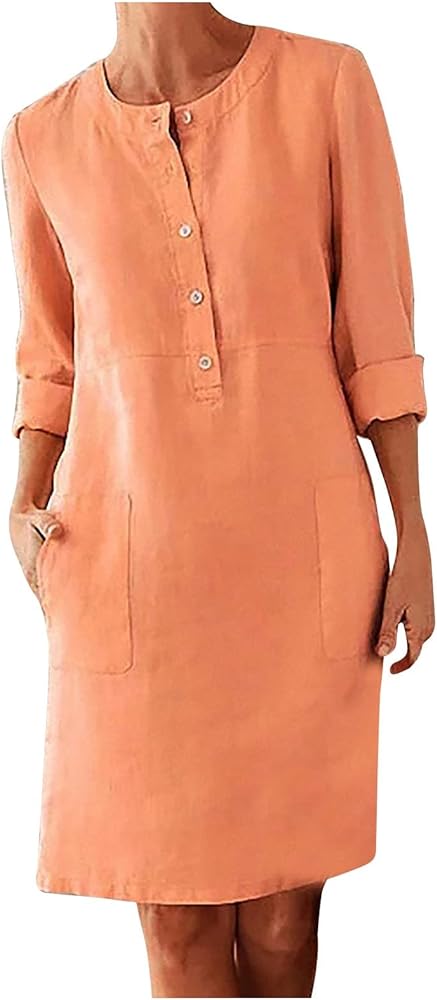 Tshirt Dress Women, Button Up Shirt Dresses with Pockets Round Neck Linen 2024 Oversized Dress, S,5XL