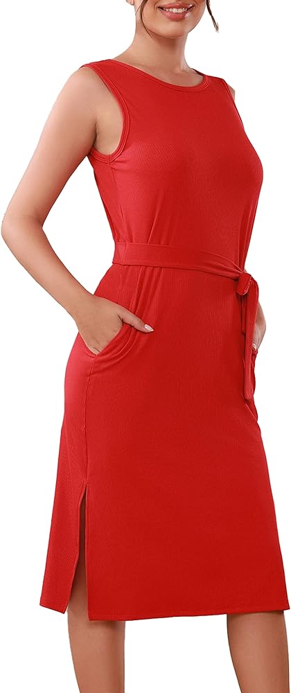 Aphratti Women's Casual Fall Knit Sleeveless Dresses 2023 Side Slits Ribbed Sun Dress with Pockets