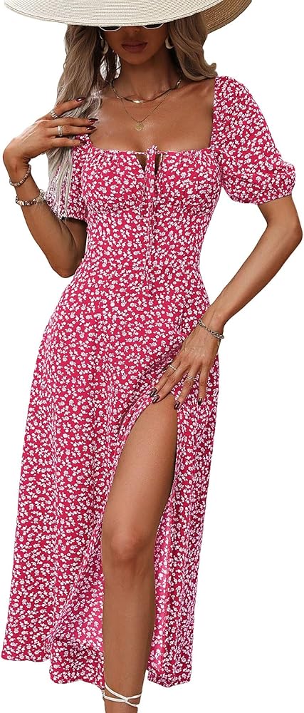 SHENHE Women's Floral Split Thigh Square Neck Puff Short Sleeve Long Boho Dresses Hot Pink M