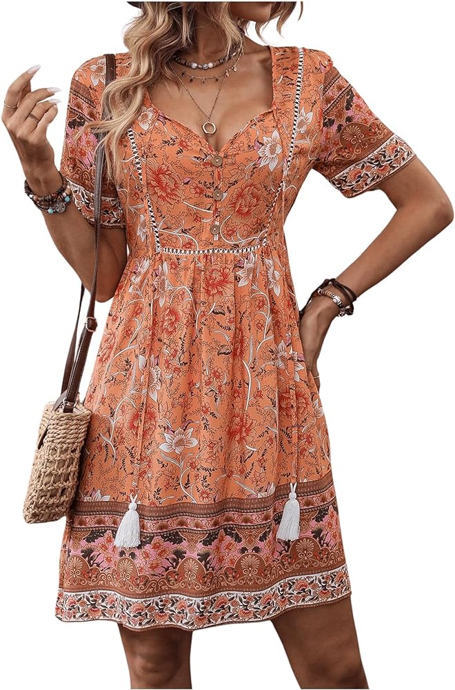 OYOANGLE Women's Boho Floral Print Tassel Tie Neck Short Sleeve Dress High Waist Flared Knee Length Dresses