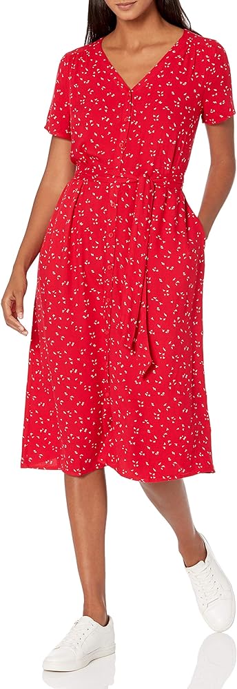 Amazon Essentials Women's Short-Sleeve Midi Button Front Tie Dress