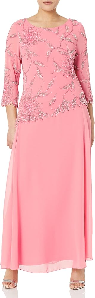 J Kara Women's Petite Scoop Neck Line with 3/4 Sleeve Beaded Top Long Dress