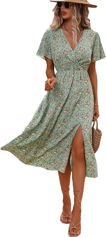 Floerns Women's Floral Print Wrap V Neck Short Sleeve Slit Hem Long Flared Dress